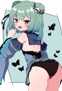  1girl aqua_background ass black_panties blue_dress blue_sleeves border bug butterfly clothes_lift commentary cowboy_shot detached_sleeves double_bun dress dress_lift fang from_behind hair_bun hair_ornament highres hololive insect leaning_forward light_blush looking_at_viewer looking_back open_mouth panties red_eyes short_hair_with_long_locks sidelocks simple_background skin_fang skull_hair_ornament smile solo symbol-only_commentary tanaka_yutti underwear uruha_rushia uruha_rushia_(1st_costume) virtual_youtuber white_border wide_sleeves 