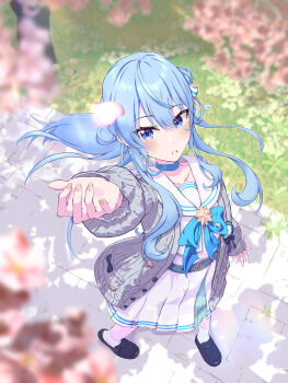  1girl absurdres badge belt blue_choker blue_eyes blue_hair blue_trim blush bow cardigan choker commentary dress falling_petals fingernails foreshortening from_above full_body grass grey_cardigan hair_bow hand_up highres hololive hoshimachi_suisei hoshimachi_suisei_(sailor) looking_at_object open_mouth petals pleated_skirt sailor_collar sailor_dress skirt soware standing star_(symbol) star_in_eye symbol_in_eye virtual_youtuber white_dress 