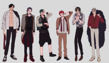  6+boys :o abs absurdres adam's_apple ahoge aimono_jyushi amaguni_hitoya amayado_rei anger_vein ankle_boots annoyed aqua_hair arms_at_sides bad_ass_temple beard_stubble belt black_belt black_hair black_jacket black_kimono black_nails black_pants black_shirt black_shoes black_socks black_trim blonde_streaks blue_jacket boots breast_pocket brown_belt brown_shoes brown_suit chain chain_necklace cheekbones choppy_bangs clenched_hands closed_eyes coat collarbone collared_shirt commentary_request contrast_lapels cosplay costume_switch curtained_hair dotsuitare_hompo dress_pants dress_shoes ear_piercing earrings eyeliner eyewear_strap facial_hair finger_in_own_ear flying_sweatdrops formal_clothes full_body fur_coat furrowed_brow gingham_vest glasses goatee_stubble gold_chain gold_trim green_eyes grey_background grey_eyes grey_hair group_costume_switch group_picture hair_between_eyes hair_over_one_eye hair_slicked_back hand_on_own_head hand_on_own_hip hand_up harai_kuko harem_pants heterochromia highres holding holding_unworn_clothes holding_unworn_necktie hypnosis_mic jacket jacket_on_shoulders jacket_over_kimono japanese_clothes jewelry juban kimono knees_together_feet_apart lapels legs_apart light_blush lineup long_hair long_sleeves looking_at_another looking_to_the_side makeup male_focus male_underwear male_underwear_peek mature_eyes mature_male mole mole_under_eye multicolored_hair multicolored_jacket multicolored_shoes multiple_belts multiple_boys multiple_necklaces multiple_piercings multiple_rings mustache_stubble navel necklace necktie nurude_sasara open_clothes open_coat open_fly open_mouth open_shirt own_hands_clasped own_hands_together pale_skin pants pants_rolled_up pants_tucked_in parted_bangs partially_unbuttoned patterned_clothing peanut_mouth piercing pinky_ring pocket pointing pointing_at_another purple_hair purple_streaks raised_inner_eyebrows red_boots red_eyeliner red_hair red_necktie red_shirt ring round_eyewear shirt shirt_tucked_in shoes short_hair side-by-side sideways_glance silver_necklace silver_ring simple_background sleeve_cuffs sleeves_rolled_up small_sweatdrop socks spiked_hair standing streaked_hair stubble stud_earrings studded_belt suit suit_jacket sukajan sweater_vest tareme teeth tsutsujimori_rosho two-sided_coat two-sided_fabric two-sided_jacket two-tone_jacket two-tone_shoes underwear undone_necktie unmoving_pattern unworn_necktie upper_teeth_only v-shaped_eyebrows very_short_hair watch wavy_hair white_jacket white_pants white_shirt white_shoes wristwatch yellow_eyes zy_(dondokodo-mu) 