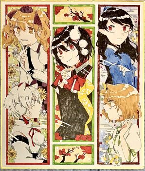  5girls :o :s :| alternative_facts_in_eastern_utopia animal_ears arm_up armband black_armband black_collar black_hair black_necktie black_skirt black_sleeves black_trim blonde_hair blue_background blue_dress blue_hat border bow bowtie branch brown_eyes brown_hair closed_mouth collar commentary_request crossed_arms detached_sleeves double-parted_bangs dress egasumi finger_to_mouth fingerless_gloves floating_hair flower fox_ears fox_girl frilled_shirt_collar frills from_side gloves green_background green_border green_ribbon grin hair_between_eyes hair_bow hat highres himekaidou_hatate iizunamaru_megumu inubashiri_momiji kudamaki_tsukasa long_hair long_skirt long_sleeves looking_at_viewer medium_hair messy_hair multiple_girls neck_ribbon necktie official_alternate_costume parted_lips pointy_ears pom_pom_(clothes) puffy_long_sleeves puffy_sleeves purple_bow purple_hat red_border red_bow red_bowtie red_eyes red_flower red_gloves red_hat red_ribbon red_trim ribbon ribbon-trimmed_dress ribbon-trimmed_sleeves ribbon_trim romper shameimaru_aya shikishi shirt short_hair skirt smile split_image split_mouth swept_bangs tengu_family_of_gensokyo_(touhou) tokin_hat toraneko_2 touhou tree twintails two-tone_sleeves upper_body v-shaped_eyebrows white_background white_flower white_hair white_ribbon white_romper white_shirt wide_sleeves wolf_ears wolf_girl yellow_background yellow_eyes yellow_flower yellow_necktie 