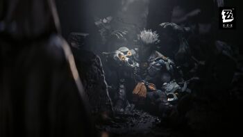  1boy absurdres banyue_(zenless_zone_zero) clothes_around_waist copyright_logo facing_down full_body grey_hair highres humanoid_robot logo long_hair male_focus official_art official_wallpaper robot robot_boy ruins sitting solo spotlight zenless_zone_zero 