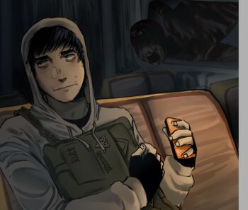  1boy 1other :| bag bags_under_eyes beard_stubble black_gloves black_hair black_shirt closed_mouth creature cry_of_fear dual_persona facial_hair fingerless_gloves gloves grey_hoodie holding holding_phone hood hood_up hoodie hugging_object looking_to_the_side open_window phone raykills screaming shirt short_hair shoulder_bag simon_henriksson simon_henriksson_(book) stubble window 