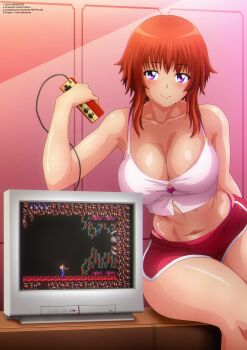  1girl bill_rizer blush bow bow_bra bra bra_peek breasts cleavage collarbone contra controller famicom_gamepad game_controller holding holding_controller konami lace lace-trimmed_bra lace_trim large_breasts looking_at_viewer midriff naomi_kokoro navel nintendo original panties panty_straps pink_bow pink_bra pink_panties playing_games purple_eyes red_hair red_shorts shirt short_hair shorts sitting sleeveless sleeveless_shirt smile television underwear white_shirt yukino_memories zel-sama 