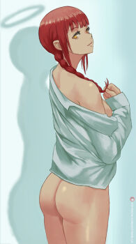 1girl ass bad_id bad_pixiv_id bottomless braid braided_ponytail breasts chainsaw_man closed_mouth from_behind halo highres long_hair long_sleeves looking_at_viewer makima_(chainsaw_man) medium_breasts patreon_username red_hair ringed_eyes shadow shirt sideboob solo white_shirt yellow_eyes zefrableu rating:Questionable score:160 user:danbooru
