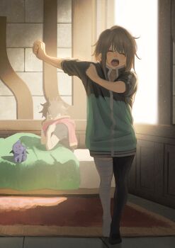  1boy 1girl bandaged_leg bandages bed black_jacket black_thighhighs blush brown_hair cat full_body green_jacket highres indoors izawa_(bhive003) jacket kono_subarashii_sekai_ni_shukufuku_wo! megumin morning_after no_shoes outstretched_arm satou_kazuma short_hair standing stone_wall thighhighs window yawning 