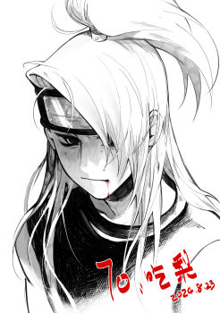  1boy absurdres asymmetrical_bangs bad_source blood blood_on_face dated deidara_(naruto) dixieyyds eyeliner forehead_protector hair_over_one_eye high_ponytail highres long_hair makeup male_focus monochrome naruto_(series) naruto_shippuuden ponytail signature solo spot_color white_background 