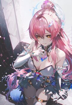  1girl aemeath_(wuthering_waves) anlixl bare_shoulders breasts cleavage closed_mouth commentary_request cross-shaped_pupils elbow_gloves floating_hair from_above gloves hair_between_eyes hair_ornament hand_up high_ponytail highres large_breasts leotard long_hair looking_at_viewer orange_eyes pink_hair ponytail smile solo symbol-shaped_pupils tacet_mark_(wuthering_waves) thigh_strap very_long_hair white_gloves white_leotard wuthering_waves 