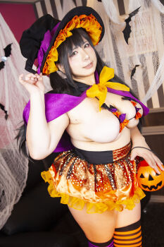  1girl asian black_hair breasts chouzuki_maryou cleavage hat highres large_breasts lipstick makeup photo_(medium) plump solo underboob witch_hat  rating:Questionable score:2 user:leejunne