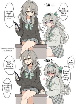 2girls blush cellphone comic crossed_legs english_text firefly_(honkai:_star_rail) grey_hair hard-translated honkai:_star_rail honkai_(series) multiple_girls phone pinponpaaru purple_eyes school_uniform sitting smartphone speech_bubble stelle_(honkai:_star_rail) third-party_edit trailblazer_(honkai:_star_rail)