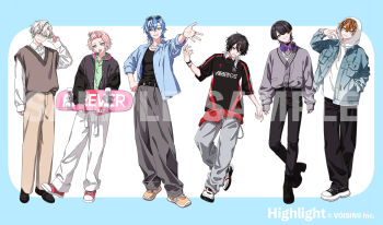  6+boys :3 adjusting_eyewear amayume_remu arkhe arm_at_side arms_at_sides bangs_pinned_back belt belt_buckle black_belt black_boots black_hair black_jacket black_nails black_pants black_shirt black_shoes blue_border blue_hair blue_jacket blunt_bangs boots border bracelet brown_sweater_vest buckle cardigan charlo_(chrono_reverse) chrono_reverse closed_mouth collared_shirt colored_inner_hair copyright_notice crossed_ankles curtained_hair denim denim_jacket drawstring ear_chain earrings eyewear_on_head full_body glasses green_eyes green_hair green_shirt grey_pants hair_between_eyes hair_ornament hair_over_one_eye hairclip hand_in_pocket hand_on_own_hip hand_up head_tilt headphones headphones_around_neck highres holding holding_skateboard hood hood_down hood_up hoodie jacket jewelry kaname_(chrono_reverse) lace-up_boots lineup linked_piercing loafers lollipop_in_mouth long_sleeves looking_at_viewer male_focus marutiyo medium_hair mullet multicolored_hair multiple_boys multiple_rings nail_polish necklace official_art one_eye_covered open_clothes open_collar open_hand open_jacket orange_eyes orange_hair orange_shoes outside_border outstretched_arm pants parted_lips patterned_hair piercing pink_hair platform_boots print_shirt purple_cardigan purple_eyes purple_hair red_pupils red_shoes ring sample_watermark shino_(chrono_reverse) shirt shirt_tucked_in shoes short_hair short_sleeves simple_background skateboard sleeves_past_wrists sleeves_rolled_up smile sneakers standing standing_on_one_leg streaked_hair sunglasses sweater_vest two-tone_hair undershirt untucked_shirt urumiya wallet_chain watermark white_background white_hair white_hoodie white_pants white_shirt white_shoes yellow_eyes yellow_pants 