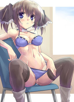  00s 1girl bad_id bad_pixiv_id bikini blue_eyes blush boots bra breasts brown_hair chair cleavage eeeeee female_focus groin lingerie navel on_chair panties panty_pull pussy_juice seitokai_no_ichizon shiina_minatsu solo sweat swimsuit thighhighs underwear  rating:Explicit score:37 user:danbooru