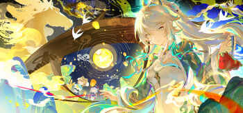  3girls abstract_background breasts china_dress chinese_clothes commentary_request crescent crescent_hair_ornament dress earrings floating_hair fur_trim genshin_impact hair_ornament high_ponytail highres holding horse jewelry large_breasts long_hair long_sleeves looking_at_viewer multiple_girls onsen ponytail qiqi_(genshin_impact) smile solo_focus upper_body white_dress white_hair yaoyao_(genshin_impact) yaoyao_(rainlit_bamboo_reverie)_(genshin_impact) yellow_eyes yu_e_baba zibai_(genshin_impact) 