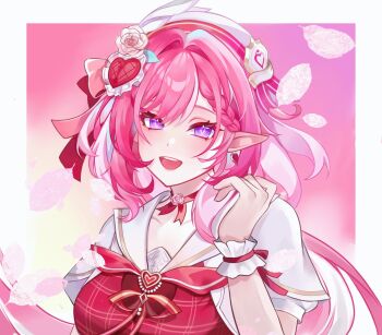  1girl beret border breasts diamond-shaped_pupils diamond_(shape) dress earrings elf elysia_(hi_love_elf)_(honkai_impact) elysia_(honkai_impact) falling_petals hat heart heart_earrings highres honkai_(series) honkai_impact_3rd jewelry long_hair looking_at_viewer medium_breasts multicolored_hair open_mouth petals pink_background pink_hair pointy_ears purple_eyes red_dress smile solo symbol-shaped_pupils teeth two-tone_hair upper_body upper_teeth_only very_long_hair white_border white_hair yexuandegou01049 