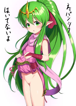  1girl absurdres bare_shoulders blush bridal_gauntlets cleft_of_venus clothes_lift cowboy_shot dress dress_lift female_focus fire_emblem fire_emblem:_mystery_of_the_emblem flat_chest gem gloves green_eyes green_hair groin hair_ribbon highres hondaranya japanese_text legs_together lifting_own_clothes loli long_hair looking_at_viewer matching_hair/eyes nintendo no_panties open_mouth pointy_ears ponytail purple_dress purple_scarf pussy red_gemstone red_gloves ribbon sash scarf shiny_skin sidelocks simple_background sleeveless sleeveless_dress solo standing talking thighs tiara tiki_(fire_emblem) tiki_(young)_(fire_emblem) uncensored very_long_hair white_background yellow_headwear  rating:Explicit score:102 user:AngryZapdos