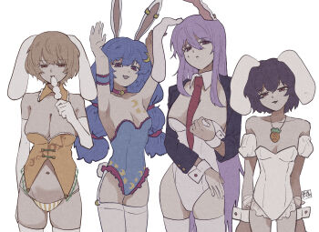  4girls absurdres adapted_costume animal_ears between_breasts black_hair black_jacket blue_hair blue_leotard breasts brown_hair carrot_necklace cleavage closed_mouth commentary_request cowboy_shot crescent crescent_hair_ornament dango detached_sleeves earclip eating flat_chest floppy_ears food hair_ornament highres inaba_tewi jacket jewelry large_breasts leotard long_hair long_sleeves looking_at_viewer medium_breasts mochitose_aguri multiple_girls navel necklace necktie necktie_between_breasts open_clothes open_jacket open_mouth orange_leotard playboy_bunny puffy_detached_sleeves puffy_sleeves purple_hair rabbit_ears rabbit_girl rabbit_pose rabbit_tail red_eyes red_necktie reisen_udongein_inaba ringo_(touhou) seiran_(touhou) short_hair smile tail thighhighs touhou very_long_hair wagashi white_leotard white_thighhighs wrist_cuffs 