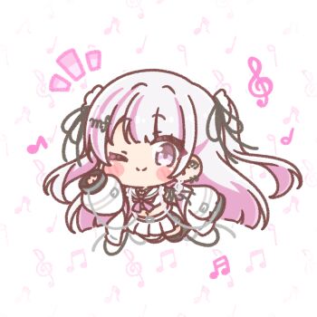  1girl ;) beamed_eighth_notes beamed_sixteenth_notes black_ribbon chibi closed_mouth commentary_request commission copyright_request crop_top ear_piercing eighth_note hair_ribbon highres jacket long_hair long_sleeves midriff mitarashi_neko multicolored_hair musical_note navel notice_lines one_eye_closed open_clothes open_jacket piercing pink_hair pleated_skirt puffy_long_sleeves puffy_sleeves purple_eyes quarter_note ribbon sailor_collar school_uniform serafuku shirt skeb_commission skirt sleeves_past_fingers sleeves_past_wrists smile solo streaked_hair treble_clef two-tone_hair very_long_hair virtual_youtuber white_hair white_jacket white_sailor_collar white_serafuku white_shirt white_skirt 