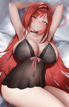  1girl absurdres armpits arms_behind_head arms_up babydoll black_babydoll black_choker blush breasts choker cleavage closed_mouth commentary cowboy_shot goddess_of_victory:_nikke hair_intakes highres lace-trimmed_babydoll lace_trim large_breasts long_hair looking_at_viewer lying navel nightgown no_panties official_alternate_costume on_back on_bed orange_eyes pillow pink_ribbon rapi_(nikke) rapi_(red_hood)_(cherished_red)_(nikke) rapi_(red_hood)_(nikke) red_hair ribbon ryuvie see-through_clothes smile solo very_long_hair yes yes-no_pillow 