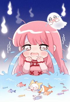  1girl air_bubble animal artist_request blunt_bangs blush bow bowtie brown_eyes bubble cat chibi cloak clothed_animal collared_shirt commentary cross-laced_clothes cross-laced_dress crying crying_with_eyes_open dot_nose dress ear_covers english_commentary fins fish_tail flood frown ghost gradient_background halftone halftone_background halloween hands_on_own_cheeks hands_on_own_face high_collar highres hitodama hood hood_up hooded_cloak long_hair long_sleeves looking_ahead momo_(nikki) motion_lines nikki_(nikki) nikki_(series) official_art open_mouth orange_tail partially_submerged pinafore_dress pink_dress pink_hair purple_background red_bow red_bowtie scared school_of_fish second-party_source shining_nikki shirt sleeveless sleeveless_dress sleeves_past_wrists streaming_tears swimming tail tareme tears very_long_hair white_cat white_shirt yellow_cloak 