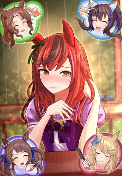  1girl 5girls absurdres alternate_hairstyle animal_ears applying_manicure blonde_hair blue_bow blue_hair blush board_eraser bow bowtie breasts brown_eyes brown_hair chalkboard closed_eyes closed_mouth comb commentary_request daitaku_helios_(umamusume) desk ear_bow ear_covers ear_ribbon facial_tattoo gold_city_(umamusume) green_bow gsk_(umamusume) hair_between_eyes hair_ornament hairclip highres holding holding_comb horse_ears horse_girl long_hair mejiro_palmer_(umamusume) multicolored_hair multiple_girls nail_polish nice_nature_(umamusume) open_mouth pink_nails ponytail puffy_short_sleeves puffy_sleeves purple_bow purple_bowtie purple_shirt sailor_collar sailor_shirt school_uniform shirt short_sleeves side_ponytail sitting smile star_(symbol) star_hair_ornament streaked_hair tattoo torinosukei tosen_jordan_(umamusume) tracen_school_uniform twintails umamusume white_hair white_sailor_collar 
