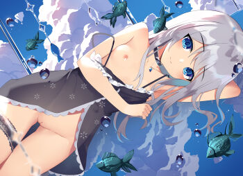 1girl absurdres arm_behind_head arm_up bare_shoulders black_choker blue_eyes blue_gem blue_sky blurry blurry_foreground blush breasts camisole choker cleft_of_venus closed_mouth cloud collarbone commission cowboy_shot crystal day dutch_angle female_focus fish frilled_thigh_strap frills gem grey_hair hand_up happy highres light_particles long_hair looking_at_viewer lying nipples nuolin_(amaki-aria) off_shoulder on_side original outdoors pussy reflection see-through_clothes sidelocks sky small_breasts smile solo spaghetti_strap strap_slip thigh_gap thigh_strap uncensored water water_drop zds rating:Explicit score:174 user:AngryZapdos