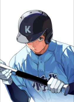  1boy 999993nine baseball baseball_bat baseball_helmet baseball_uniform boukyaku_battery brown_eyes brown_hair character_request gloves helmet holding holding_baseball_bat male_focus metal_baseball_bat simple_background solo sportswear sweat upper_body white_background white_gloves 