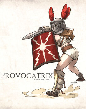  1girl breasts brown_hair english_text feathers fighting_stance full_body gladiator helmet highres holding holding_shield holding_sword holding_weapon ironlily latin_text long_hair original red_feathers sandals shield simple_background solo standing sword weapon 