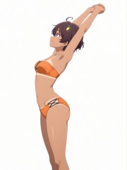  arms_up bad_tag bikini breasts brown_hair facing_to_the_side hair_ornament make_heroine_ga_oo_sugiru! orange_bikini purple_eyes small_breasts swimsuit yakishio_lemon  rating:General score:20 user:lawcs