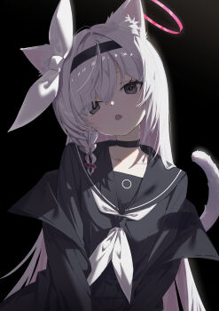  1girl absurdres animal_ears black_choker black_hairband black_sailor_collar black_serafuku blue_archive cat_ears cat_tail choker commentary hairband halo highres kemonomimi_mode lisu long_hair neckerchief plana_(blue_archive) sailor_collar school_uniform serafuku solo tail white_neckerchief 