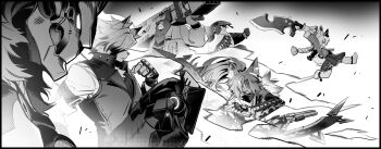  >_< 2girls 4boys animal_ear_fluff animal_ears animal_feet banyue_(zenless_zone_zero) bear_boy bear_ears ben_bigger black_mask body_fur braid braided_twintails cat_ears cat_girl chain chain_necklace closed_eyes collared_vest colored_tips commentary dual_wielding english_commentary from_side furry furry_female furry_male goatdraw greyscale gun highres holding holding_gun holding_sword holding_weapon humanoid_robot jewelry jumping leg_up long_hair mask monochrome mouth_mask multicolored_hair multiple_boys multiple_girls muzzle_(mask) necklace open_mouth pan_yinhu panda_boy panda_ears prosthesis prosthetic_leg pulchra_fellini rabbit_ears rabbit_girl robot robot_boy scar scar_across_eye scar_on_face sword vest von_lycaon weapon wok wolf_boy wolf_ears zenless_zone_zero zhao_(zenless_zone_zero) 