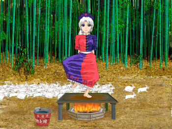  aqua_eyes bamboo bamboo_forest barefoot blue_dress blue_hat braid bucket commentary_request cross dress fire forest hat kams looking_at_viewer nature nurse_cap open_mouth red_cross red_dress stove surreal touhou two-tone_dress white_hair white_rabbit_(animal) yagokoro_dance yagokoro_eirin 