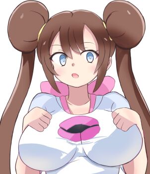  1girl blue_eyes breasts brown_hair commentary_request highres large_breasts long_hair looking_at_viewer nintendo open_mouth pokemon pokemon_bw2 retori_tori rosa_(pokemon) shirt simple_background solo twintails white_background 