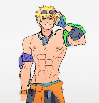  1boy abs armband armlet asymmetrical_hair bare_shoulders black_pants blonde_hair brown_eyes clothes_around_waist collarbone commentary earphones english_commentary eyewear_on_head fingerless_gloves gloves hardcorechewie4 highres jacket jacket_around_waist jewelry large_pectorals looking_up male_swimwear multiple_necklaces muscular muscular_male necklace nipples official_alternate_costume overwatch pants pectoral_cleavage pectorals pendant sidecut simple_background single_glove sketch sunglasses swimsuit toned toned_male topless_male turtle undercut unfinished wristband wuyang_(overwatch) wuyang_(poolside)_(overwatch) 