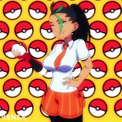  1girl alternate_breast_size animated artist_name benek black_hair bouncing_breasts breasts dark-skinned_female dark_skin freckles green_hair hand_on_own_hip holding holding_poke_ball large_breasts looking_at_viewer multicolored_hair navel nemona_(pokemon) nintendo orange_eyes poke_ball pokemon pokemon_(game) pokemon_sv ponytail seductive_smile shorts smile solo standing streaked_hair tagme two-tone_hair video  rating:General score:33 user:fakyuh