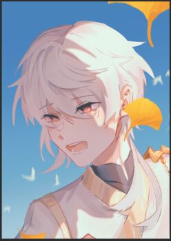  1boy autumn_leaves blue_sky border commentary day dreamycakesss english_commentary grey_border hair_between_eyes leaf male_focus medium_hair open_mouth original outdoors portrait red_eyes shirt sky smile solo unfinished white_hair white_shirt 