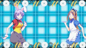 2girls alice_in_wonderland animated animated_gif blue_eyes breasts brown_hair cosplay dagashi_kashi dancing dress endou_saya_(dagashi_kashi) long_hair nail_polish purple_hair shidare_hotaru short_hair smile