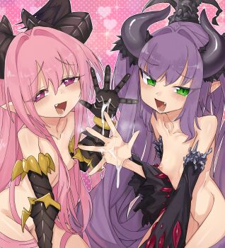  1boy 2girls absurdres character_request commission cum cum_on_body cum_on_hands fang green_eyes group_sex highres horns jank365m loli long_hair mmf_threesome multiple_girls nipples open_mouth pink_hair pointy_ears pov purple_hair sennen_sensou_aigis smile threesome 