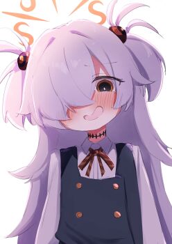  1girl absurdres blue_archive brown_ribbon diagonal-striped_ribbon dress eyeball_hair_ornament flat_chest gaganbo0913 grey_hair hair_over_one_eye halo highres kanoe_(blue_archive) long_hair looking_at_viewer multicolored_eyes open_mouth orange_halo pinafore_dress ribbon scar scar_on_neck simple_background sleeveless sleeveless_dress smile two-tone_eyes two_side_up white_background 