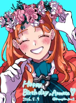  1girl annette_fantine_dominic annette_fantine_dominic_(timeskip) aqua_background artist_name birthday blush cape closed_mouth commentary_request dated fire_emblem fire_emblem:_three_houses fur-trimmed_cape fur_trim gloves happy_birthday head_wreath highres komugiko_jiro13 looking_at_viewer nintendo orange_cape orange_hair simple_background solo upper_body wavy_hair 