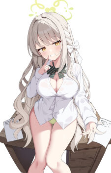  1girl absurdres bare_legs blue_archive blush breasts cleavage commentary_request desk finger_to_mouth green_panties grey_hair halo highres index_finger_raised large_breasts long_sleeves looking_at_viewer miyo_(blue_archive) no_pants on_desk panties shirt shushing simple_background sitting smile sob_(submar1089) solo thighs underwear white_background white_shirt yellow_eyes 