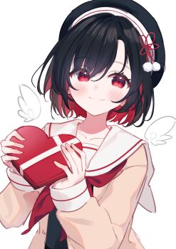  1girl absurdres black_hair black_hat blush box closed_mouth colored_inner_hair commentary dot_nose hat heart-shaped_box highres holding holding_box jacket komatsu_(komatsuu123) long_sleeves looking_at_viewer mini_wings multicolored_hair neckerchief open_clothes open_jacket original pom_pom_(clothes) red_eyes red_hair red_neckerchief sailor_collar school_uniform serafuku short_hair simple_background smile solo two-tone_hair untranslatable_commentary upper_body valentine white_background white_sailor_collar wings yellow_jacket 