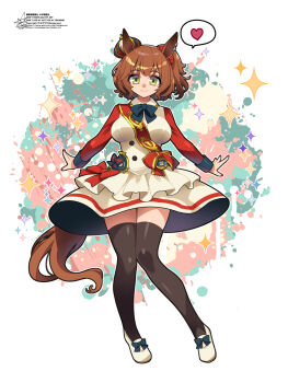  1girl animal_ears aston_machan_(flare)_(umamusume) aston_machan_(umamusume) black_bow black_bowtie black_thighhighs bow bowtie breasts brown_hair closed_mouth commentary_request crown ear_ornament full_body green_eyes hair_ornament hair_scrunchie heart highres horse_ears horse_girl horse_tail large_breasts looking_at_viewer mini_crown red_scrunchie red_sleeves sash scrunchie shoes short_hair shoulder_sash signature smile solo sparkle sparkling_aura spoken_heart standing tail thighhighs thighs tilted_headwear umamusume umigarasu_(kitsune1963) white_shoes 