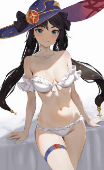 1girl bare_shoulders bikini black_hair bow clisapex closed_mouth collarbone commentary_request genshin_impact hat hat_bow highres leaning long_hair looking_at_viewer mona_(genshin_impact) navel off_shoulder smile solo stomach strapless strapless_bikini swimsuit thigh_strap thighs twintails white_bikini witch_hat rating:Sensitive score:123 user:danbooru