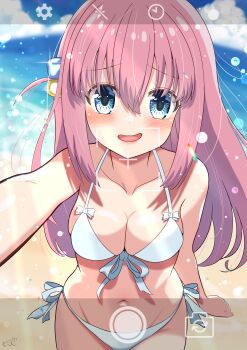  1girl absurdres beach bikini blue_eyes bocchi_the_rock! breasts cleavage commentary cowboy_shot cube_hair_ornament fake_screenshot front-tie_bikini_top front-tie_top gotoh_hitori hair_between_eyes hair_ornament hair_over_eyes highres horizon large_breasts long_hair medium_breasts momurya ocean one_side_up fake_phone_screenshot pink_hair reaching reaching_towards_viewer selfie side-tie_bikini_bottom solo swimsuit taking_picture viewfinder white_bikini  rating:Sensitive score:17 user:danbooru