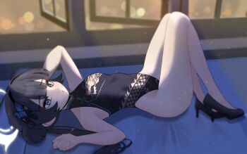  1girl absurdres black_dress black_hair blue_archive breasts bright_pupils butterfly_hair_ornament china_dress chinese_clothes commentary_request dragon_print dress full_body grey_eyes grey_halo hair_bun hair_ornament halo highres kisaki_(blue_archive) legs long_hair looking_at_viewer lying on_back sleeveless small_breasts solo tangsuyook twintails white_pupils window 