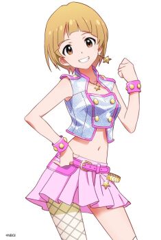  1girl belt belt_buckle breasts brown_eyes brown_hair buckle clenched_hand company_name contrapposto copyright_notice cowboy_shot crop_top earrings feet_out_of_frame fishnet_pantyhose fishnets gold_buckle gold_earrings grin hand_on_own_hip head_tilt idolmaster idolmaster_million_live! jewelry looking_at_viewer medium_breasts midriff miniskirt navel necklace official_art open_collar pantyhose pendant pink_belt pink_skirt pleated_skirt short_hair single_earring single_leg_pantyhose skirt sleeveless smile solo star_(symbol) star_earrings star_ornament star_pendant studded_wristband teeth white_background wristband 