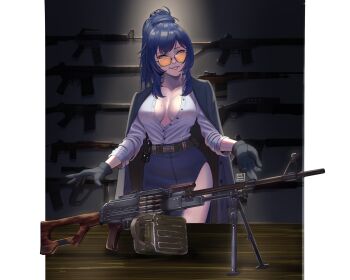 1girl 7.62x54mmr ammunition ammunition_belt ammunition_box assault_rifle belt black-framed_eyewear black_belt black_gloves black_hair black_skirt bolt-action_rifle breasts breasts_apart bullet bullpup cleavage colt_commando combat_shotgun commentary commission dual-mode_shotgun english_commentary full-power_cartridge fully_powered_cartridge glasses gloves grin gun highres large_breasts long_hair long_sleeves m16 m1_carbine machine_gun medium_machine_gun mole mole_on_breast orange-tinted_eyewear original pkm ponytail pump-action_shotgun pump_action puto_trash rifle rifle_cartridge semi-automatic_shotgun shotgun skirt smile solo spas-12 standing steyr_aug tinted_eyewear virtual_youtuber weapon weapon_request