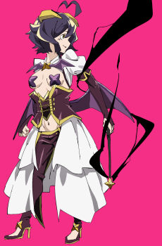  1girl bat_brooch breasts bridal_gauntlets corset cross cross_facial_mark cross_pasties facial_mark fold-over_gloves forward-facing_horns high_heels highres hitori_ninjin holding holding_riding_crop horns low_wings lowleg lowleg_pants magia_baiser mahou_shoujo_ni_akogarete navel pants pasties pink_background purple_corset purple_hair purple_pants purple_wings riding_crop showgirl_skirt shrug_(clothing) simple_background skirt small_breasts solo white_shrug white_skirt wings yellow_horns 
