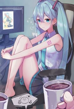 1girl 1other aqua_eyes aqua_hair aqua_nails aqua_trim arm_tattoo bare_arms bare_legs bare_shoulders black_skirt blush breasts chair closed_mouth coffee collared_shirt commentary_request computer cup dot_nose foot_out_of_frame frilled_shirt frills grey_shirt hair_between_eyes hair_ornament hatsune_miku highres holding holding_cup long_hair looking_at_viewer miniskirt monitor number_tattoo on_chair pleated_skirt shirt simple_background sitting skirt sleeveless sleeveless_shirt small_breasts smile solo soyose tattoo thighs twintails very_long_hair vocaloid white_shirt 