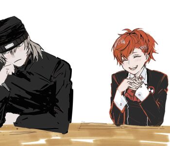  1boy 1girl aakaaka78910 aragaki_shinjirou beanie black_hat black_sweater blush bow bowtie closed_eyes collared_shirt elbow_rest eyelashes gekkoukan_high_school_uniform grey_eyes grey_hair hair_between_eyes hair_ornament hairclip hat hetero jacket long_sleeves open_mouth own_hands_together persona persona_3 persona_3_portable red_bow red_bowtie school_uniform shiomi_kotone shirt simple_background sweater table upper_body white_background white_shirt 