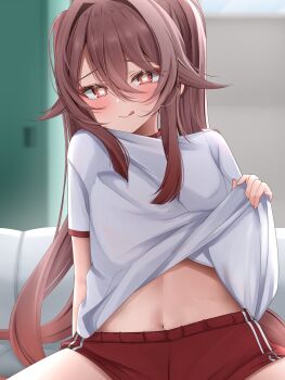  1girl :p blush breasts brown_hair buruma clothes_lift commentary_request flower flower-shaped_pupils genshin_impact gym_shirt gym_uniform hair_between_eyes highres hu_tao_(genshin_impact) komor_yuki long_hair midriff navel open_clothes open_shirt red_buruma red_eyes shirt shirt_lift small_breasts solo stomach symbol-shaped_pupils tongue tongue_out twintails white_shirt 